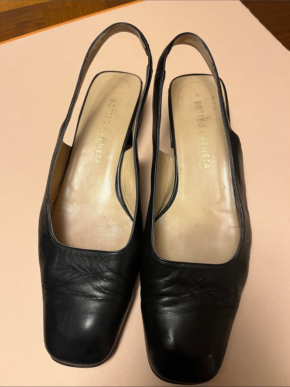 Bottega Veneta Black Leather Square Toe Slingback Heels, size 8.5 , very soft